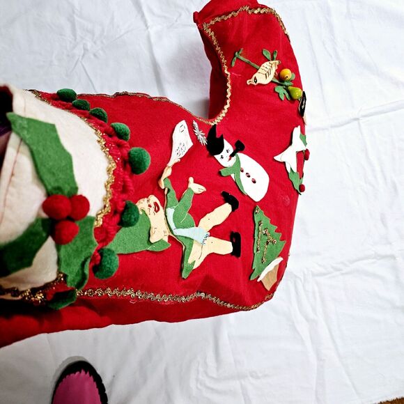 Vintage Large 22" Felt Pompoms Pixie Elf Christmas Stocking Tree Snowman 1960s - Picture 6 of 15